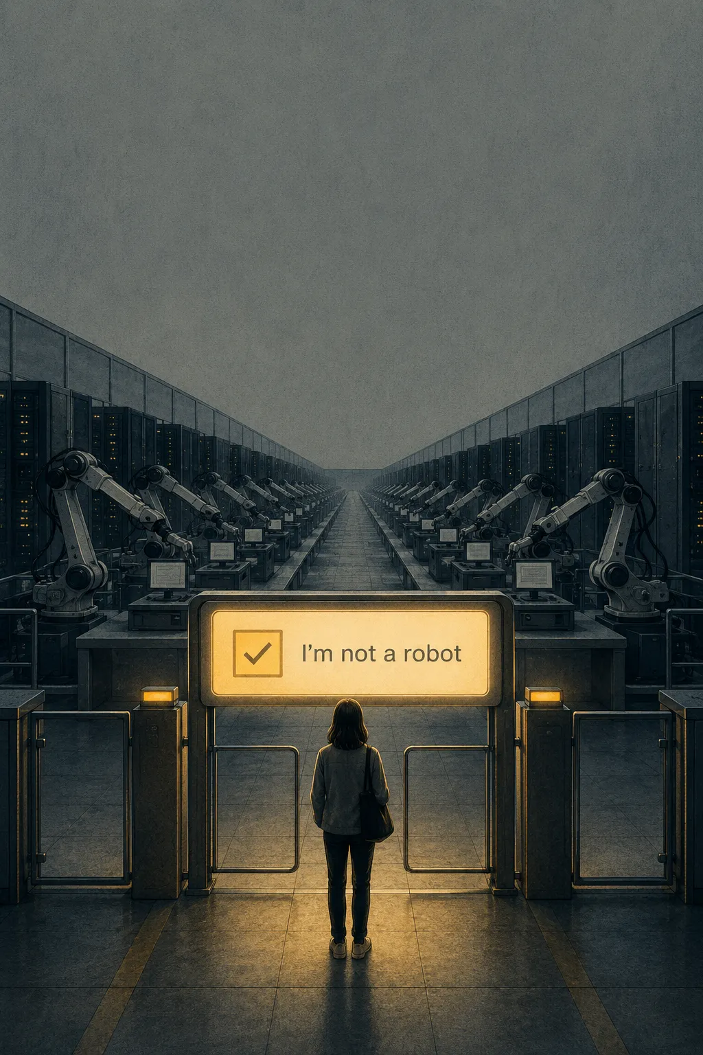 Dana's cover: a lone figure at a glowing CAPTCHA checkpoint gate, automated machinery working unchecked beyond it