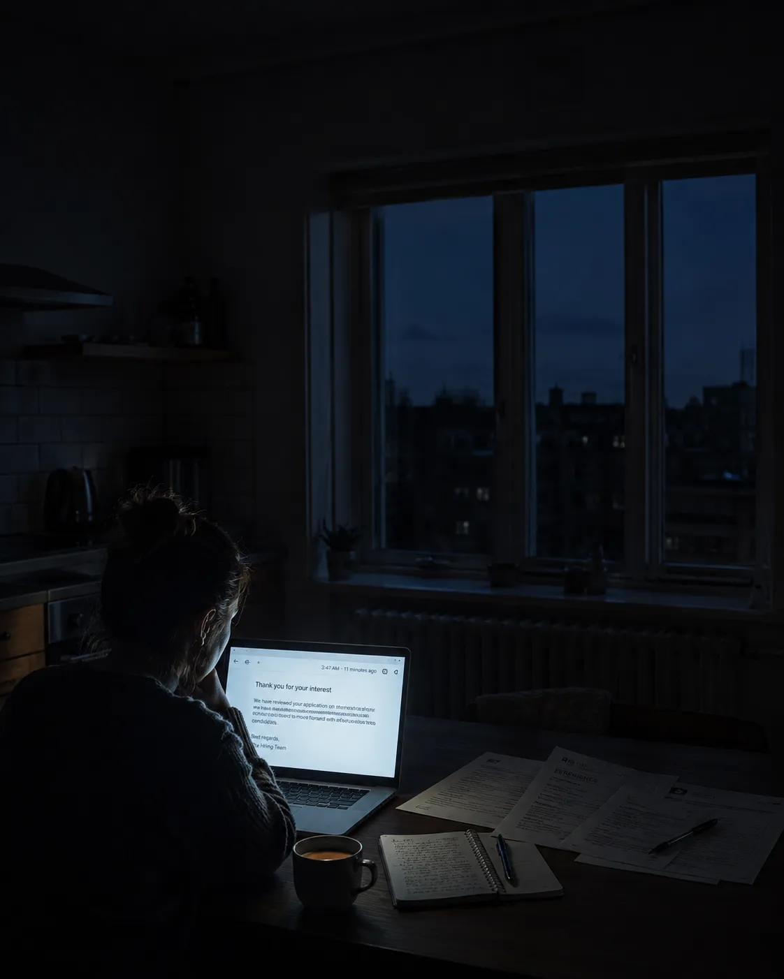 Ren's cover: a woman alone at a kitchen table before dawn, lit only by a laptop screen showing a rejection email