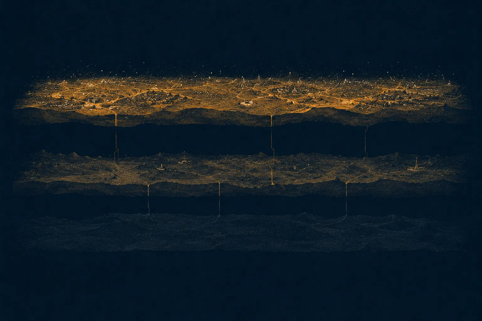 A dark cross-section of three horizontal strata: the top layer glowing rich amber with dense fine detail, the middle dim and sparse, the bottom nearly featureless slate; hair-thin vertical lines connect the layers like narrow passages.