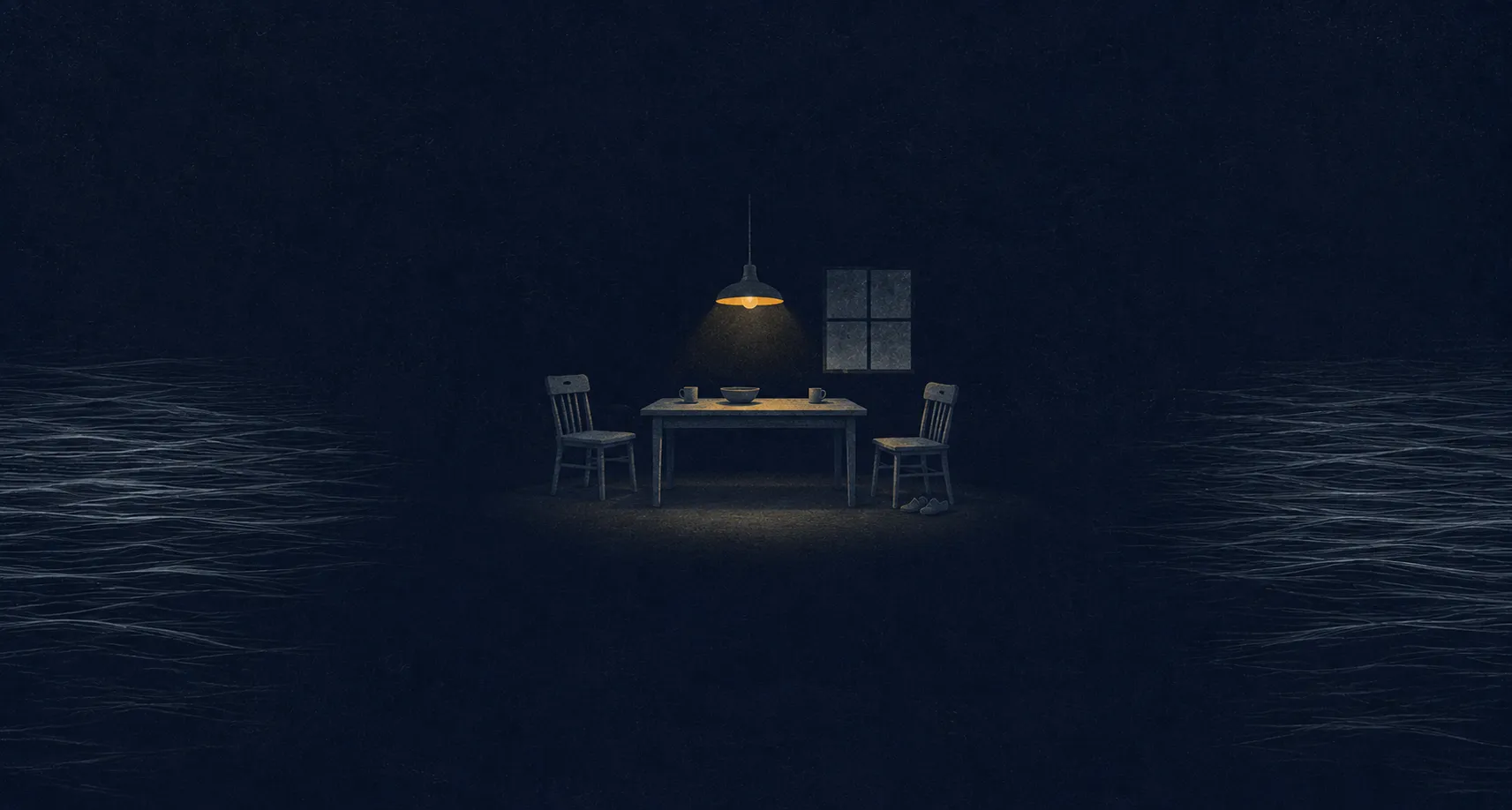 Editorial conceptual illustration, risograph screenprint aesthetic, wide composition on a deep indigo blue-black field. Seen from a distance, a small domestic scene floats in enormous dark negative space: a simple kitchen table drawn in pale desaturated slate blue-grey, two chairs, a window, a small pair of shoes sitting under one chair. Above the table hangs one small warm amber lamp, the only warm element, pooling a modest circle of light over the scene. At the far left and right edges of the frame, faint horizontal current lines in the same pale grey suggest a vast fast sea pressing in around the little lit room, without touching it. Heavy paper grain, flat mid-century shapes, a picture of an economy that answers to love instead of price, holding its quiet perimeter. Restrained harmony: deep indigo blue-black ground, pale slate blue-grey room and currents, one small amber lamp, nothing else. No text, no letters, no typography. Wide format (1200×644, ~1.91:1). A small kitchen table with two chairs hangs in a vast dark emptiness, lit by a single warm lamp; a window and a tiny pair of shoes sit nearby, while faint current lines at the edges suggest a fast sea pressing in without touching the little lit room.