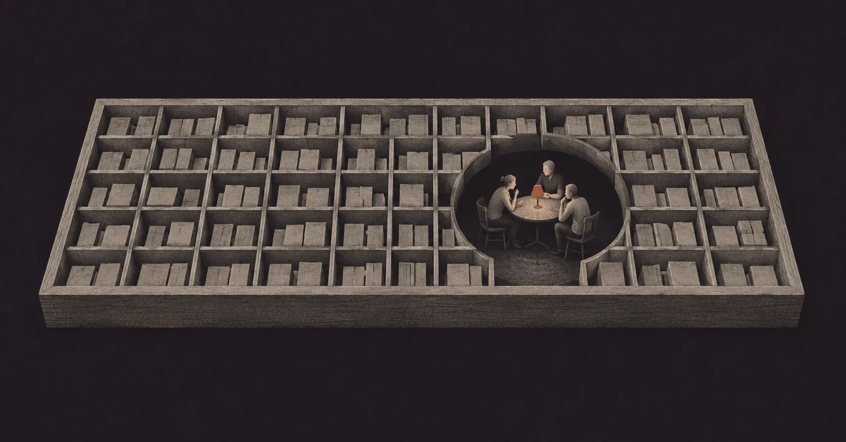 Use case: stylized-concept. Asset type: original wide body illustration for The Reducing Valve essay Beyond the Gutenberg Galaxy. Wide landscape approximately 1.91:1. Primary request: a living circle of human inquiry opens a rigid printed grid, expressing the essay's claim that knowledge needs human conversation and judgment. Scene: viewed obliquely from above, a large antique printer's type case occupies the middle band of a vast near-black aubergine field. The shallow rectangular tray is a precise grid of narrow compartments holding orderly small abstract blank limestone-grey blocks. NO glyphs on any block. Near the right half, one circular opening interrupts the rigid grid: the straight partitions end at its boundary. In that opening, three very small distinct human silhouettes sit around a modest round table, leaning toward one another in conversation, each with a slightly different posture. A single tiny warm vermilion lamp at the middle of the table is the only warm accent. Human scale is intimate; this is a conceptual image of a conversation inhabiting and altering an inherited structure. Style/medium: sophisticated literary editorial illustration, flat cut-paper shapes, tactile risograph screenprint and dry ink grain, quiet mid-century graphic composition, spare and readable, not photorealistic or glossy 3D. Color palette: ONLY deep aubergine-black #1c1721 ground, muted limestone-grey #b5aca0 structure and figures, one small warm vermilion #db624a lamp. Use tonal variations within these hues only. Dark ground dominates, plenty of breathing room around the tray. Composition: wide landscape; main tray and human group near the vertical center; tiny warm accent draws attention to the living people rather than the architecture. Avoid excessive miniature detail. Clearly show three people around the table and the physical interruption of the rectangular compartments. Constraints: no text, letters, numbers, glyphs, pseudo-writing, logos, watermark. No computer, robot, circuits, religious symbols, floating speech bubbles, infographic arrows, collage panels, or additional accent colors. One cohesive image. Three people sit around a circular table lit by one red lamp, in a round clearing that interrupts the compartments of a printer’s type case.