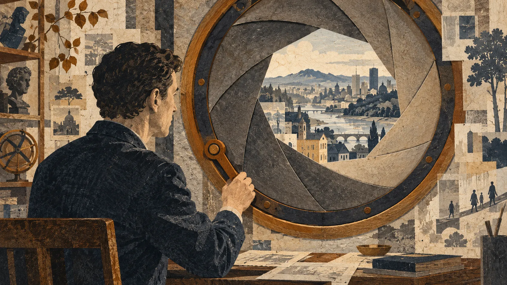 Use case: stylized-concept. Asset type: one finished editorial illustration for The Reducing Valve essay 'Peter Thiel: a Digital Condottiero', part of a cohesive three-image series. Wide landscape 16:9, high-resolution. Style: sophisticated literary magazine illustration, hand-cut paper collage and architectural woodcut, grainy risograph ink on fibrous Japanese rice paper, visible irregular paper fibers, dry ink, subtle print misregistration and layered translucent sheets. Palette: warm rice-paper ivory #F4EFE6, oatmeal and pale stone, deep desaturated navy #101D2E, soft ink-grey, restrained burnt amber #965810. Matte and tactile, never glossy. Fuller composition with the visual subject and textured architecture occupying roughly 80 percent of the frame; only modest breathing room, no large empty background or space reserved for text. Clear readable forms at thumbnail scale, strong editorial concept, restrained details, not a diagram. No text, letters, labels, logos, watermark, circuit-board clichés, neon, photorealism, glossy 3D, or heroic billionaire portrait. One single continuous image, not multiple panels.
Primary request: a person controls the aperture through which they encounter information. Inside a richly textured rice-paper architectural room, a single ordinary person in profile at human scale manually adjusts a small burnt amber lever beside a large circular adjustable iris window. Their hand is clearly on the reachable lever. The aperture is a tangible paper-and-wood optical instrument owned and operated by the person, with distinct overlapping iris blades; it opens onto layered abstract fragments of a city and information landscape, paper rectangles, paths and silhouettes with no writing. The broad outside landscape is complex but neither threatening nor utopian. Through the chosen opening it becomes a legible, calm view. Person and window have equal compositional importance, subject occupies most of frame, no tiny isolated person in enormous void. Let the frame fill with softly layered rice-paper walls, iris structure and visible landscape. Warm contemplative daylight rendered in flat grainy ink, no glow. This is agency through a usable control, not a person enclosed in a protective bubble; no robot, holograms, screens with UI, chains, or freedom-symbol clichés. A person adjusts an amber lever controlling a circular iris window onto a layered city landscape.