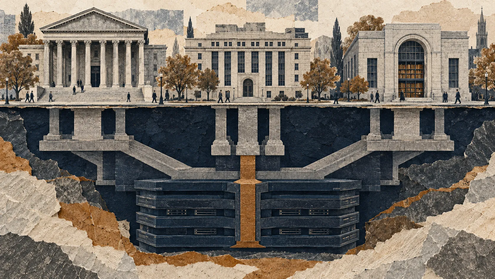 Use case: stylized-concept. Asset type: one finished editorial illustration for The Reducing Valve essay 'Peter Thiel: a Digital Condottiero', part of a cohesive three-image series. Wide landscape 16:9, high-resolution. Style: sophisticated literary magazine illustration, hand-cut paper collage and architectural woodcut, grainy risograph ink on fibrous Japanese rice paper, visible irregular paper fibers, dry ink, subtle print misregistration and layered translucent sheets. Palette: warm rice-paper ivory #F4EFE6, oatmeal and pale stone, deep desaturated navy #101D2E, soft ink-grey, restrained burnt amber #965810. Matte and tactile, never glossy. Fuller composition with the visual subject and textured architecture occupying roughly 80 percent of the frame; only modest breathing room, no large empty background or space reserved for text. Clear readable forms at thumbnail scale, strong editorial concept, restrained details, not a diagram. No text, letters, labels, logos, watermark, circuit-board clichés, neon, photorealism, glossy 3D, or heroic billionaire portrait. One single continuous image, not multiple panels.
Primary request: institutions depend on a shared private foundation. A conceptual architectural cross-section of a compact civic city: a modest courthouse with columns, an administrative building, and a civic archive arranged across the upper half, each visibly separate above ground. Beneath them, the lower half reveals that all their structural supports converge into a single large dark architectural footing, built from layered paper slabs resembling server infrastructure. One narrow burnt amber connector or keystone holds the joined structure at its center. The foundation visibly carries all three buildings; structural load and dependence are the metaphor, not cables collecting their data. A few small human figures on the street give scale. Dense balanced cut-paper construction across the whole frame, an elegant close-cropped tectonic composition, tactile torn-paper earth and precisely cut architectural forms. No literal locks, giant hands, puppet strings, dollar signs, labels, or diagram arrows. Three civic buildings rest on supports that converge into a single dark server foundation with an amber keystone.