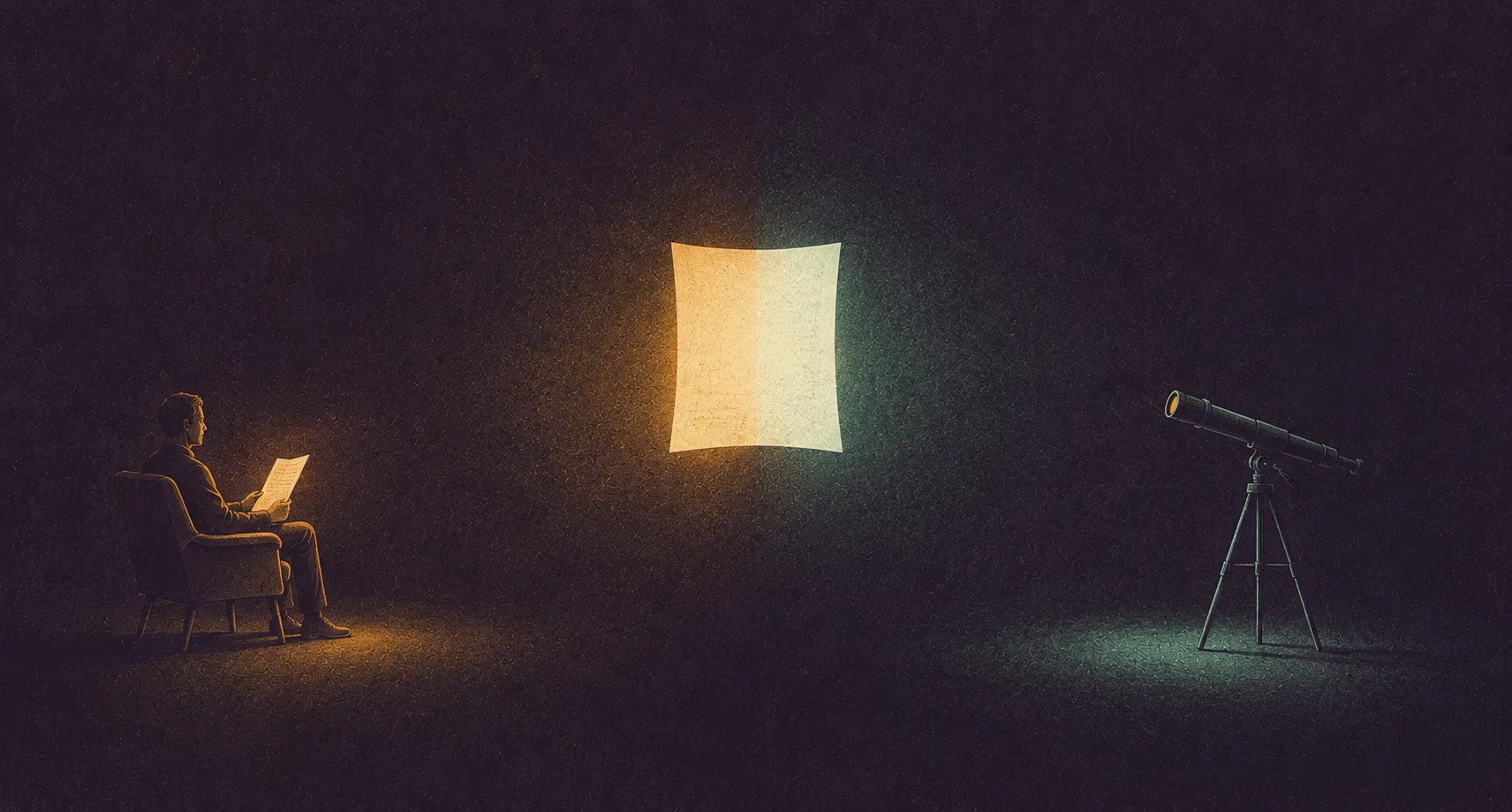 Editorial conceptual illustration, riso screenprint aesthetic, wide banner composition. A single luminous ivory page floats at the center of a deep charcoal-plum field. On the left, a small human figure reads it in warm ochre lamplight, seated, quiet. On the right, at equal distance and equal size, a simple abstract instrument reads the same page — a slender tube on a thin tripod, like a modest telescope, drawn in cool verdigris strokes with one tiny warm glint at its lens. Perfect left-right symmetry; both readers given the same dignity; the page lit equally from both sides, warm on one edge, cool on the other. Flat graphic shapes, mid-century scientific poster aesthetic, grainy risograph texture, generous dark negative space. Restrained harmony: charcoal-plum ground, ivory, warm ochre, cool verdigris — nothing else. No text, no letters, no numbers, no typography. Wide format (1200×644, ~1.91:1). A luminous ivory page floats at the center of a dark charcoal-plum field, lit warm on one edge and cool on the other; on the left a person reads it in ochre lamplight, on the right a slender telescope on a tripod reads the same page.